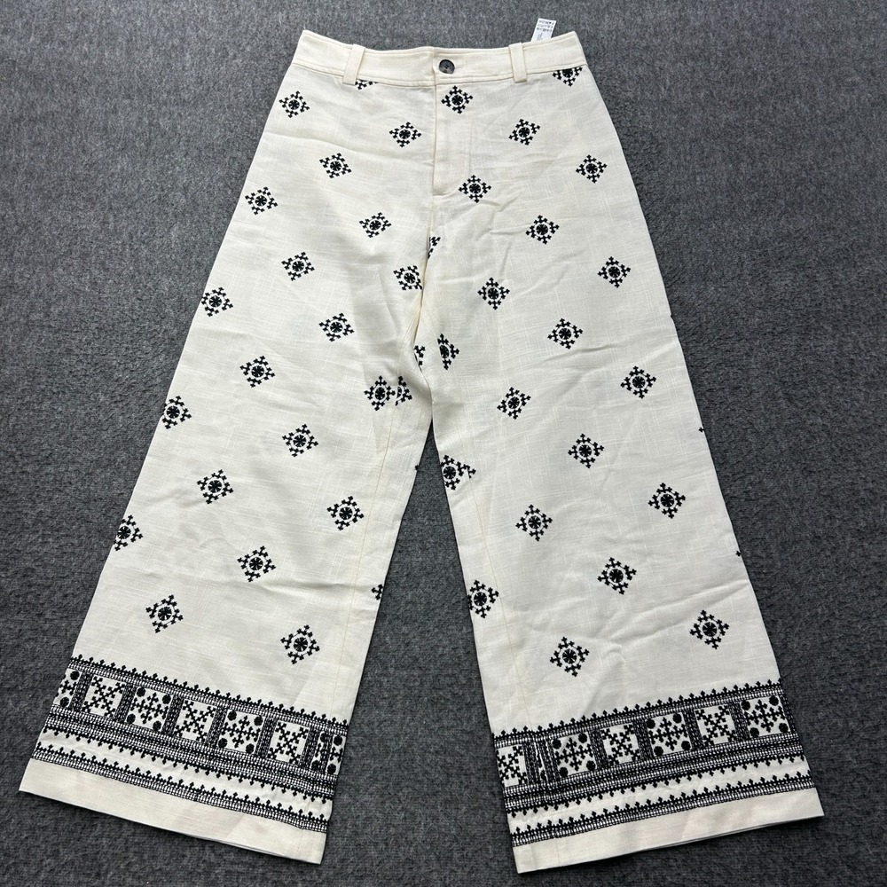 ZARA Culotte Pants S Embroidered Cropped Linen Blend Boho Coastal Grandma